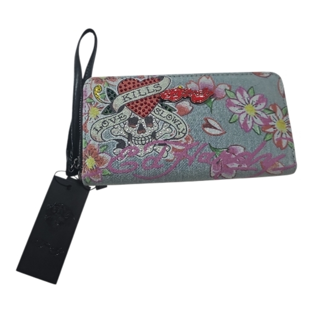 Ed Hardy Light Wash Denim  Skull Tattoo Design Floral Full Zip Wallet  NWT